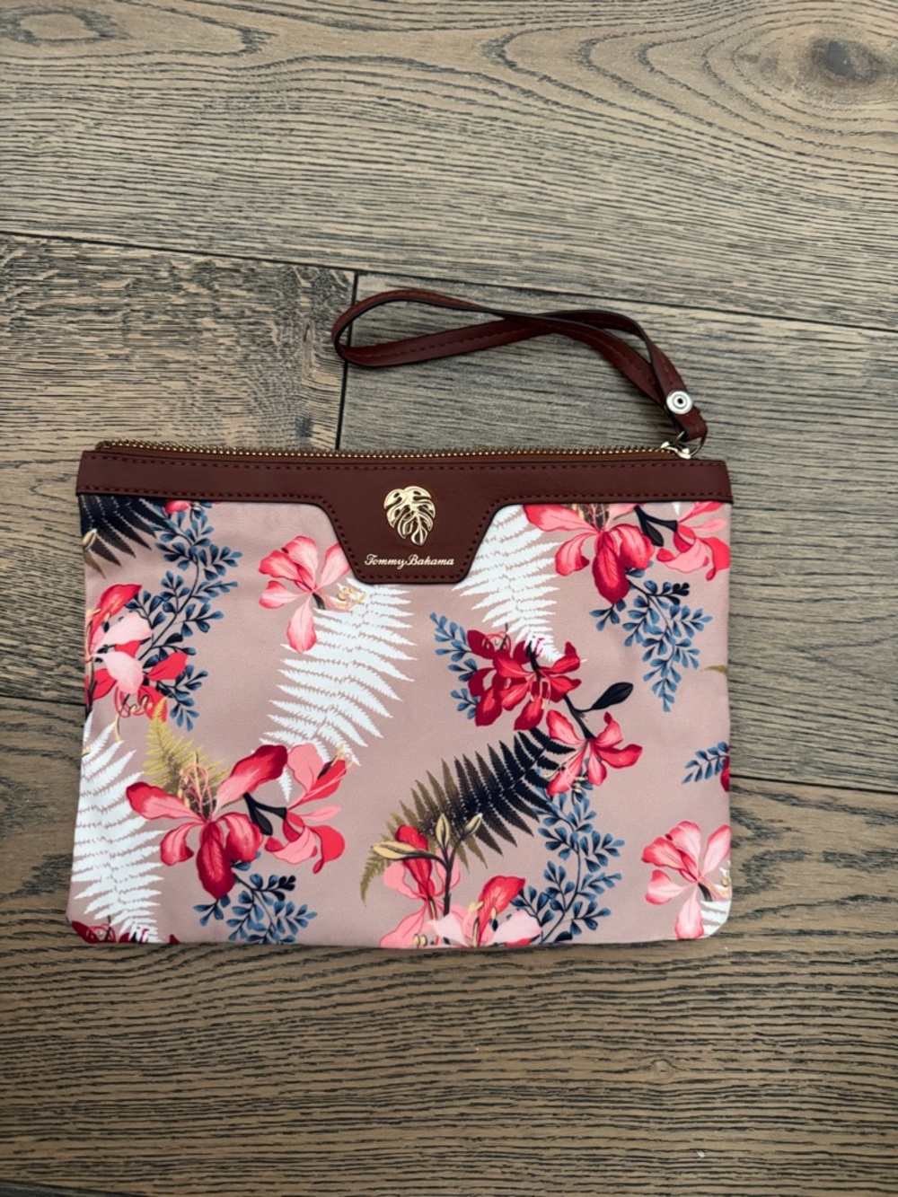 Tommy Bahama Blush Pink Floral Wristlet with Brown Trim